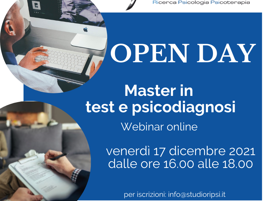 OPEN DAY ONLINE del webinar in diretta: Master in TEST E PSICODIAGNOSI. ETA’ ADULTA ED EVOLUTIVA, AREA CLINICA E GIURIDICA.