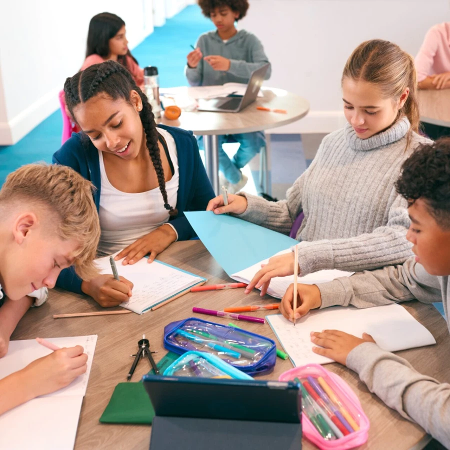 Secondary,Or,High,School,Students,Collaborating,In,Study,Area,With