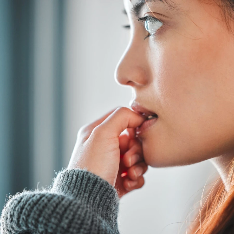 Mental,Health,,Woman,And,Nervous,Of,Thinking,In,Home,With