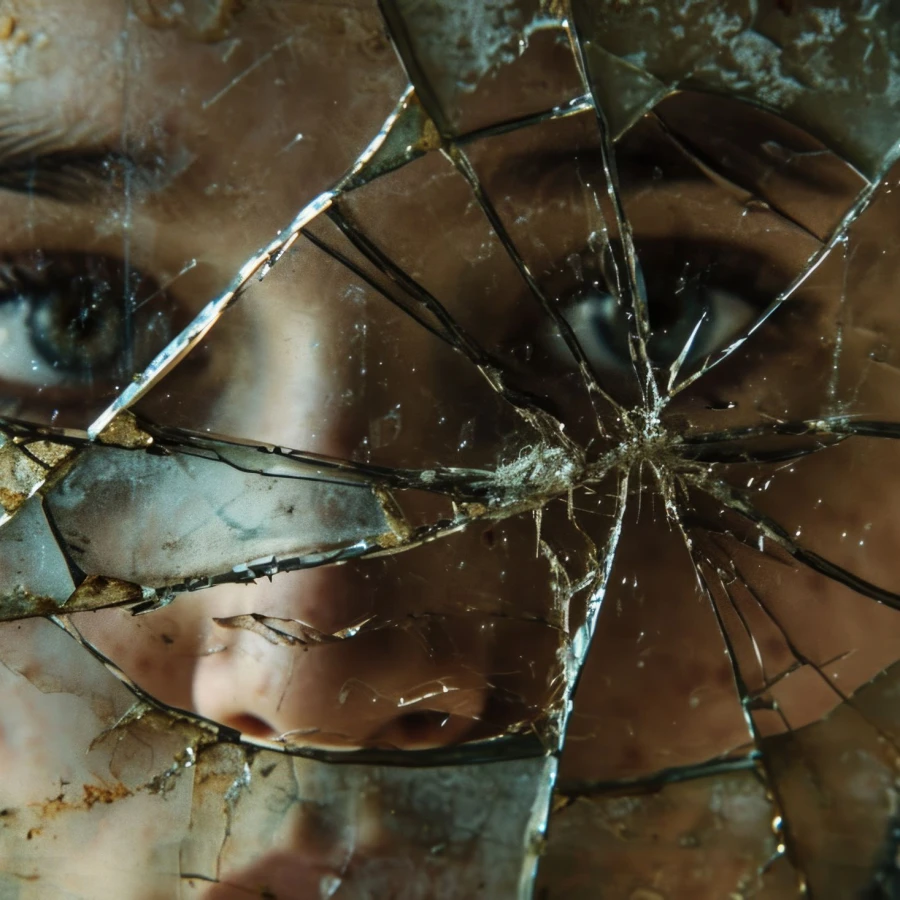 A fractured mirror reflecting distorted images, capturing the warped perceptions that arise from a history of injustice and prejudice.